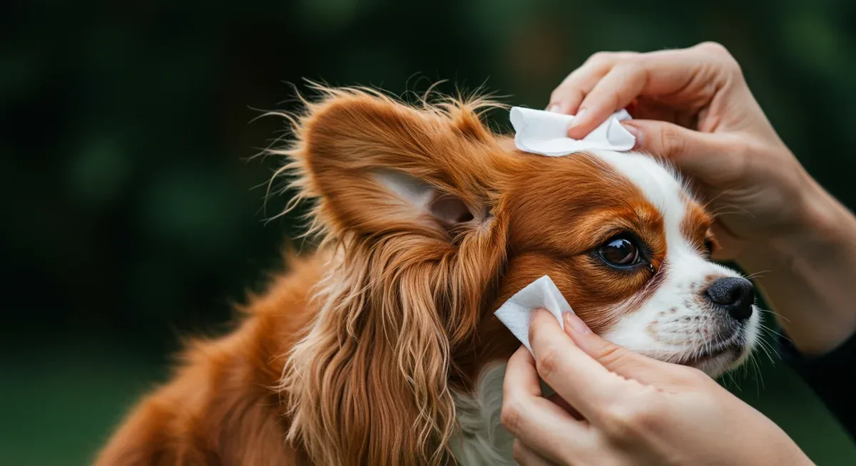 Detailed view of proper ear cleaning technique for a Cavalier King Charles Spaniel, demonstrating the gentle care required for their floppy ear structure