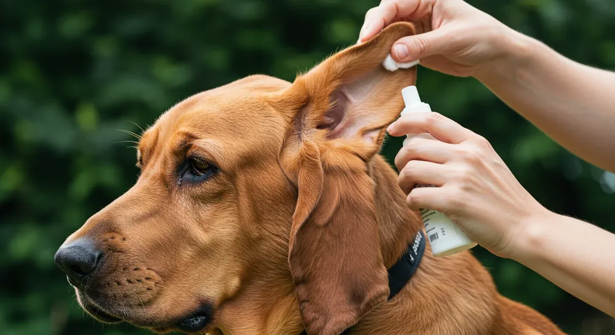 Demonstration of proper ear cleaning technique on a Bloodhound's characteristic long, droopy ear using cotton ball and ear cleaner to prevent odor development