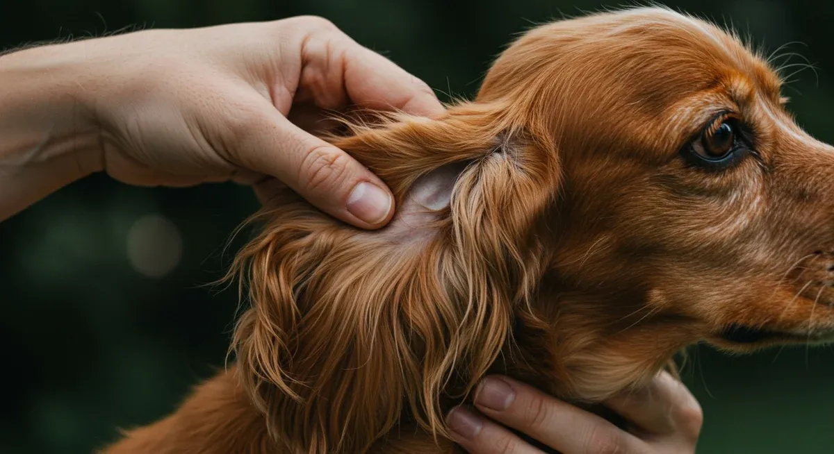Detailed view of an American Cocker Spaniel's long ear being examined, illustrating the breed's ear structure that requires regular care to prevent infections