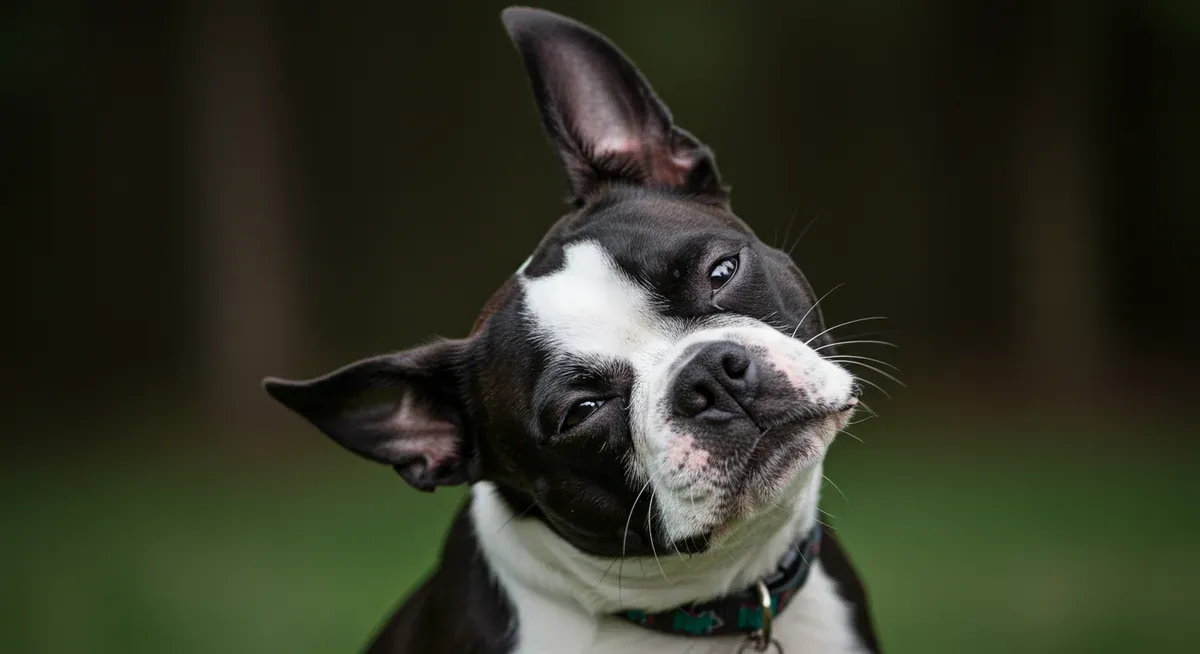 Close-up of Boston Terrier shaking its head, illustrating the specific head and ear shaking patterns that indicate ear infections rather than general body trembling