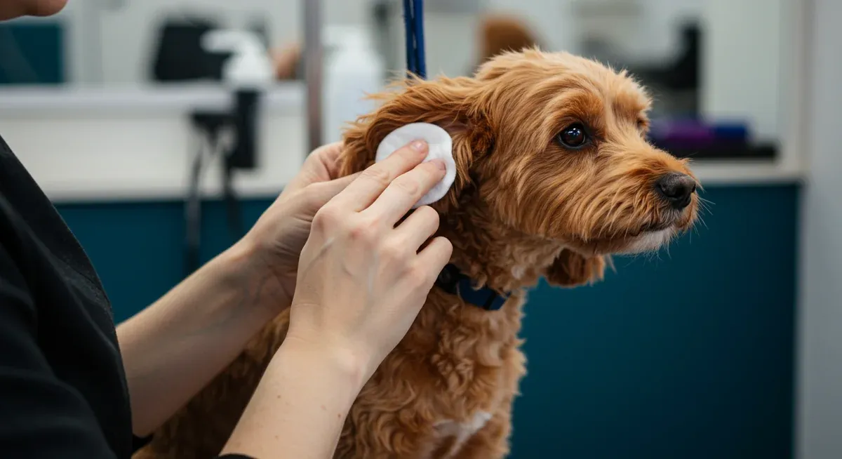 Professional ear cleaning demonstration on a Cavoodle, showing proper preventive care technique for ear health