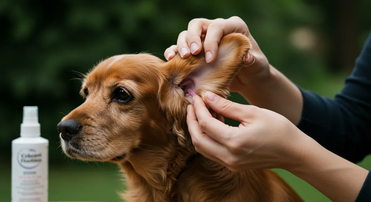 An English Cocker Spaniel having its characteristic floppy ear examined, demonstrating proper ear care technique to prevent infections