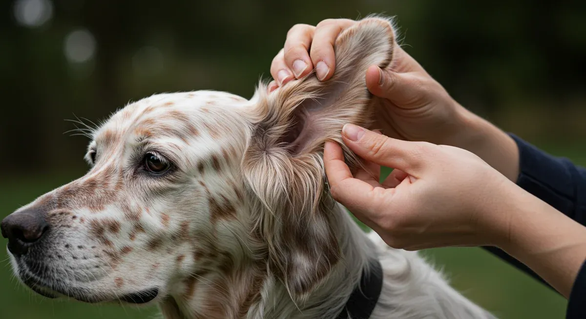 Close-up view of English Setter's floppy ear being examined, showing the ear structure that makes the breed prone to infections as discussed in the article