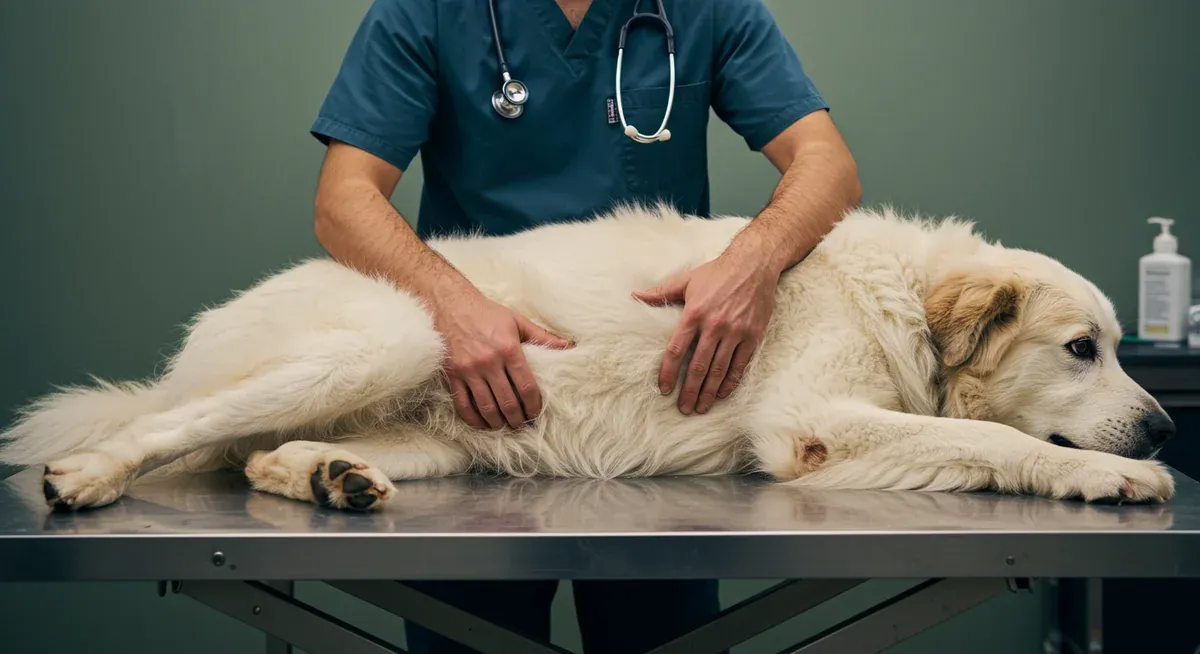 A veterinarian examining a Great Pyrenees dog's hip joint during a routine checkup, demonstrating the importance of regular screening for early detection of joint problems