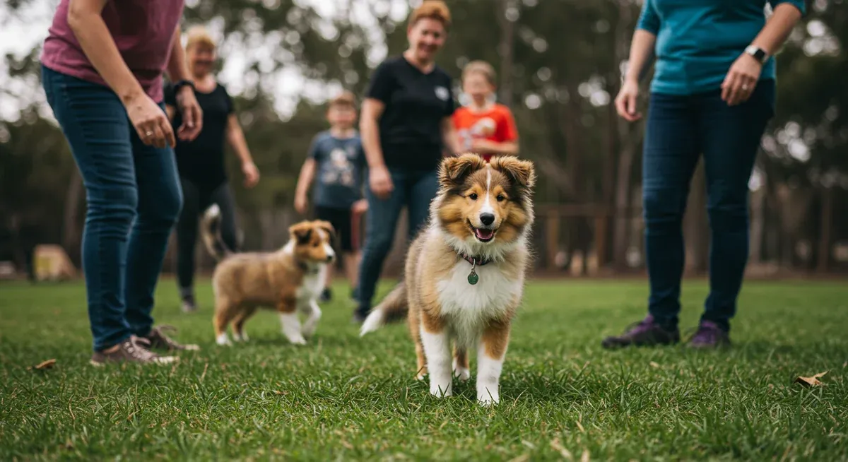 A Shetland Sheepdog puppy meeting new people during socialization training, demonstrating the importance of early exposure to prevent shyness