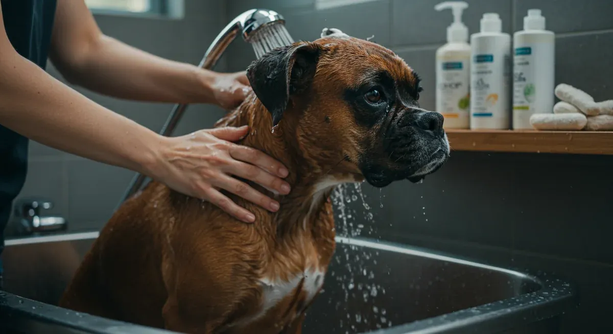 A Boxer dog receiving a gentle bath with oatmeal-based shampoo in a home bathroom setting, demonstrating the proper bathing techniques recommended for dogs with sensitive skin