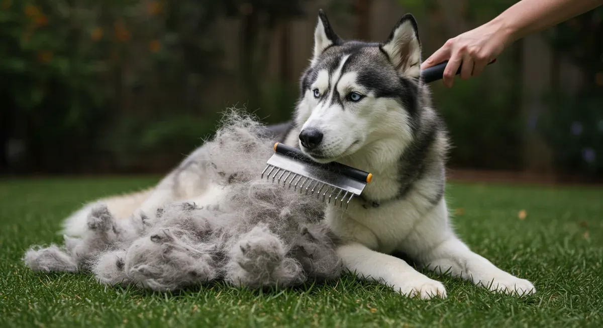 Siberian Husky being groomed with an undercoat rake outdoors, showing the large amount of loose fur removed during regular brushing sessions