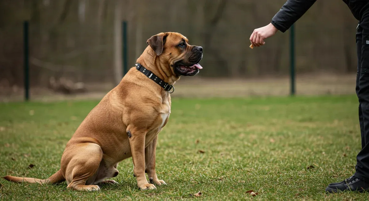 A Bullmastiff participating in positive reinforcement training, sitting calmly and focused on a trainer offering a treat, demonstrating effective management techniques