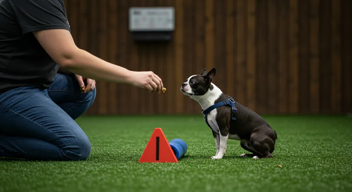 A Boston Terrier participating in a positive reinforcement training session, learning to associate triggers with good experiences through desensitization techniques