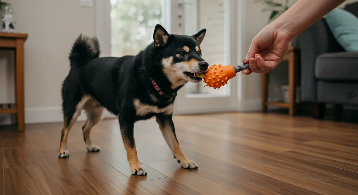 A Shiba Inu learning the 'drop it' command through positive reinforcement training, demonstrating the trade-up technique where the dog receives a better reward for relinquishing an item