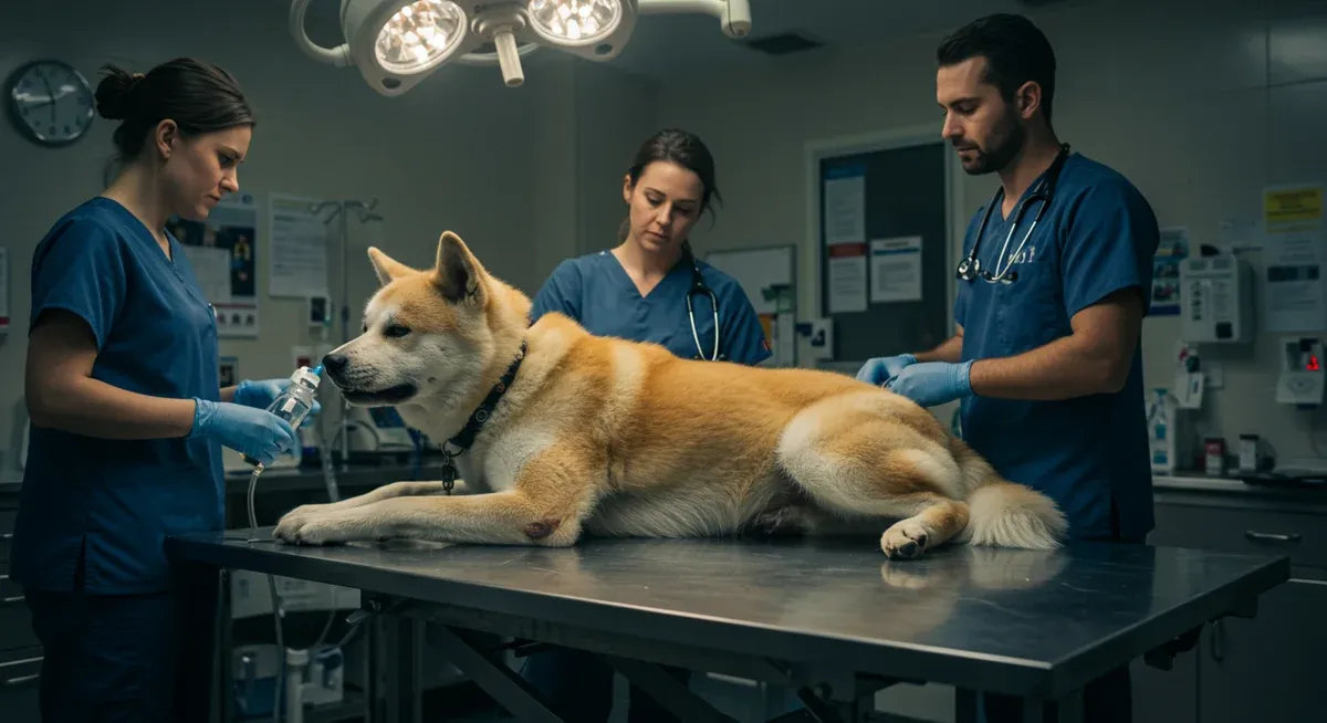 Emergency veterinary treatment of an Akita dog suffering from bloat, showing the distended abdomen and urgent medical response