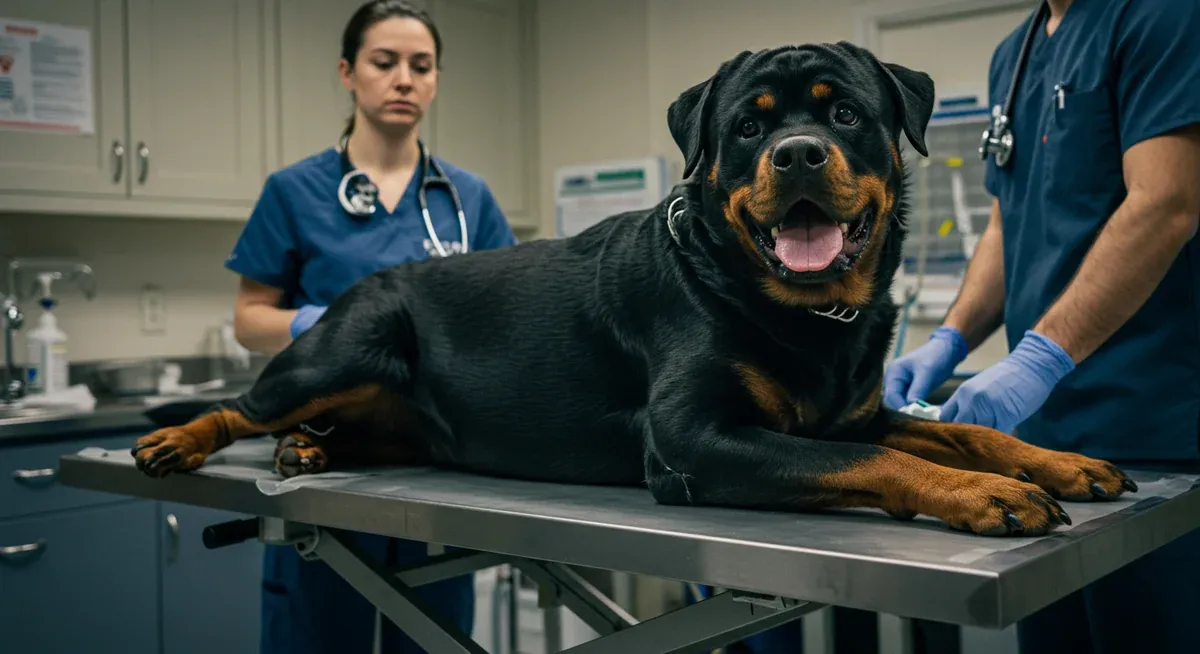 Emergency veterinary treatment of a Rottweiler showing signs of bloat, illustrating the critical nature of this life-threatening condition that requires immediate medical attention