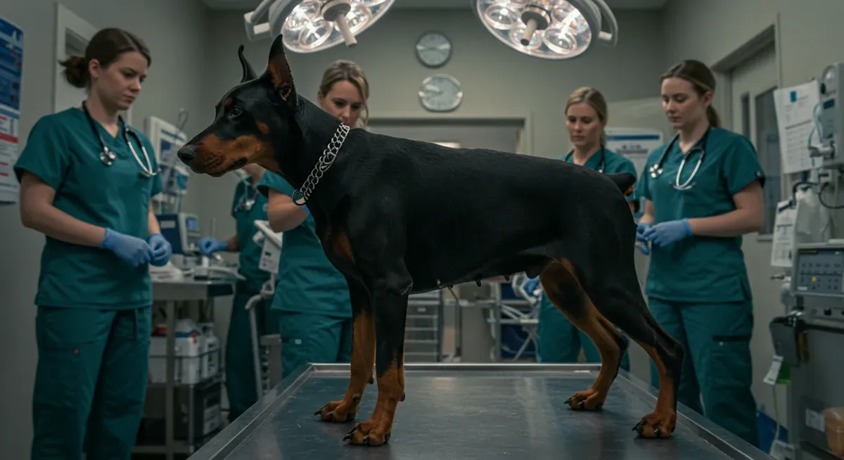 Emergency veterinary scene showing a Doberman with bloat symptoms, illustrating the life-threatening nature of gastric dilatation-volvulus that requires immediate medical attention