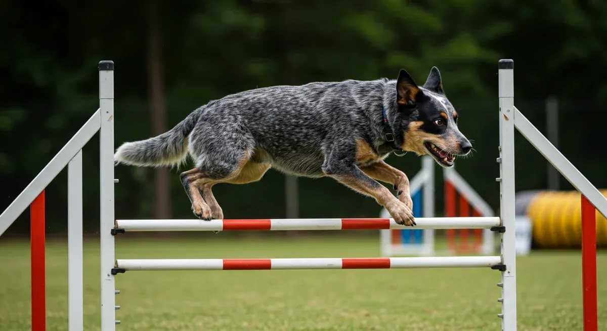Blue Heeler dog jumping through agility equipment showing high energy and intelligence needs