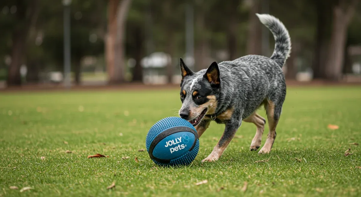 Blue Heeler dog actively pushing and chasing a large herding ball across grass, demonstrating how these specialized toys engage their natural herding instincts and provide physical exercise