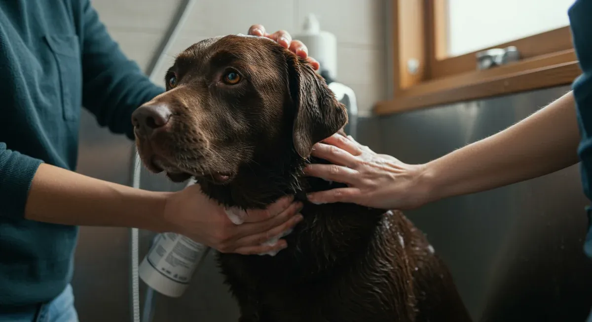 Chocolate Labrador being bathed with hypoallergenic shampoo as part of environmental allergy management, showing proper bathing technique