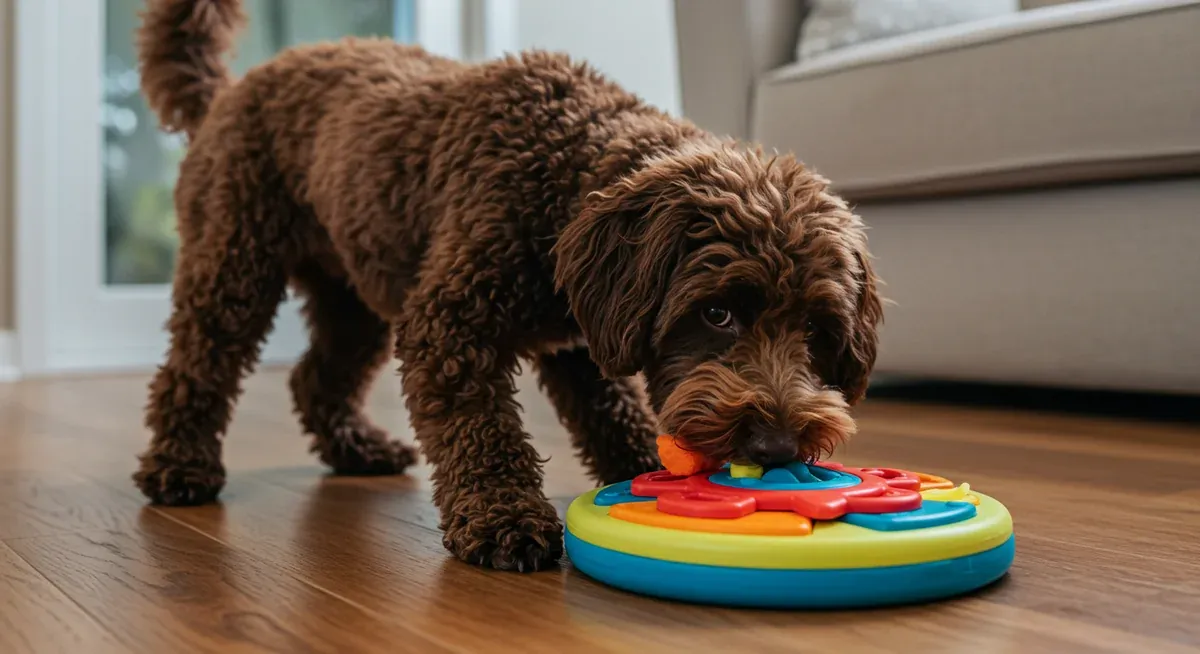 A chocolate brown Miniature Poodle working on a puzzle toy, demonstrating the mental stimulation strategies recommended for managing excessive barking behavior