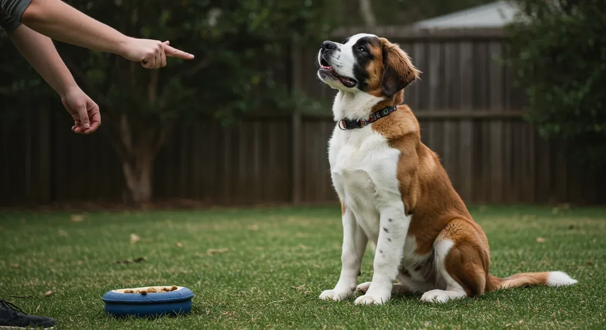 Saint Bernard puppy executing sit command with hand signal during training session, demonstrating essential obedience training