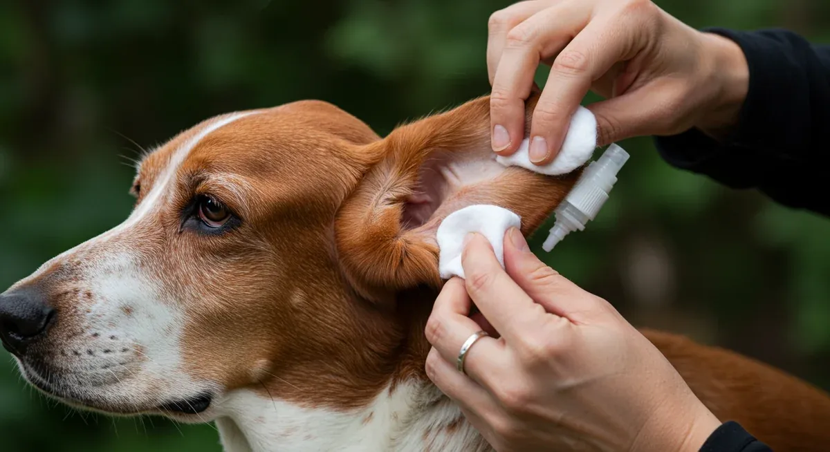 Close-up of a Basset Hound's long ear being cleaned with cotton ball and cleaning solution, demonstrating proper ear care technique essential for this breed