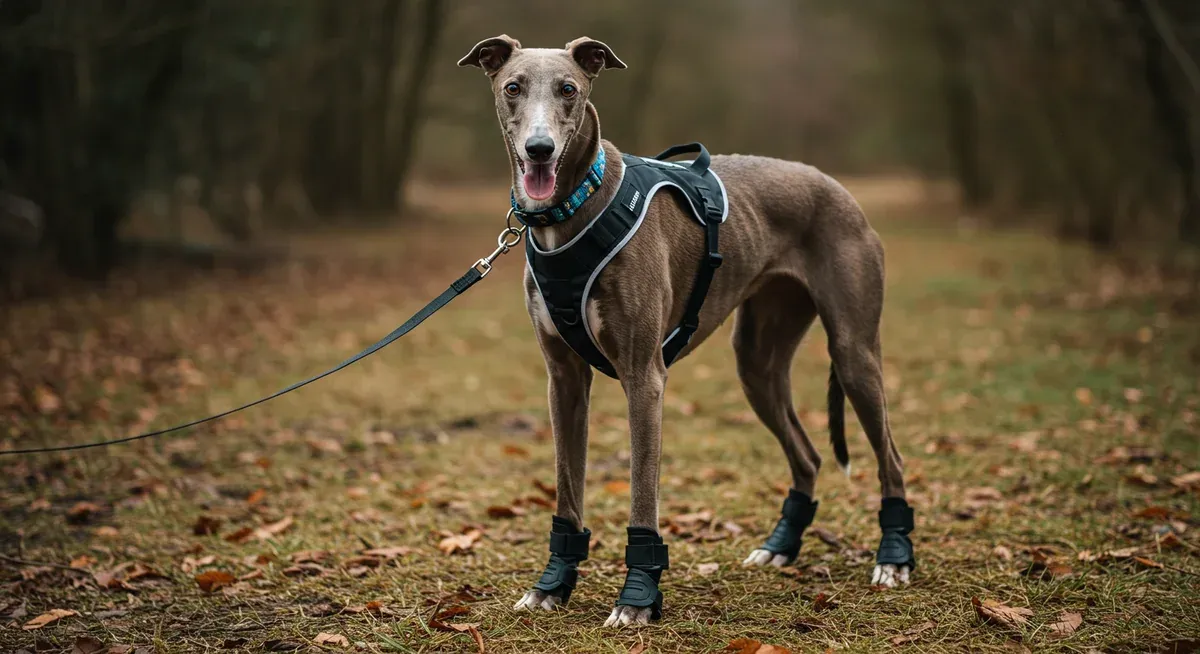 A Greyhound wearing proper running equipment including a fitted harness and protective gear, demonstrating the essential safety equipment discussed for running with this breed