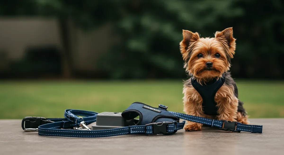 Essential training equipment for Yorkshire Terriers including properly-sized harness, lead, and baby gate for managing aggressive behavior