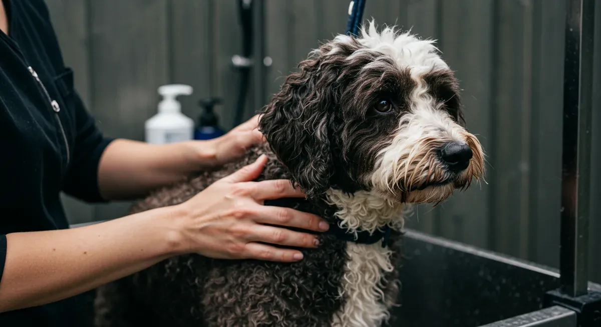 Portuguese Water Dog receiving a therapeutic bath with hypoallergenic shampoo as part of weekly grooming routine for allergy management