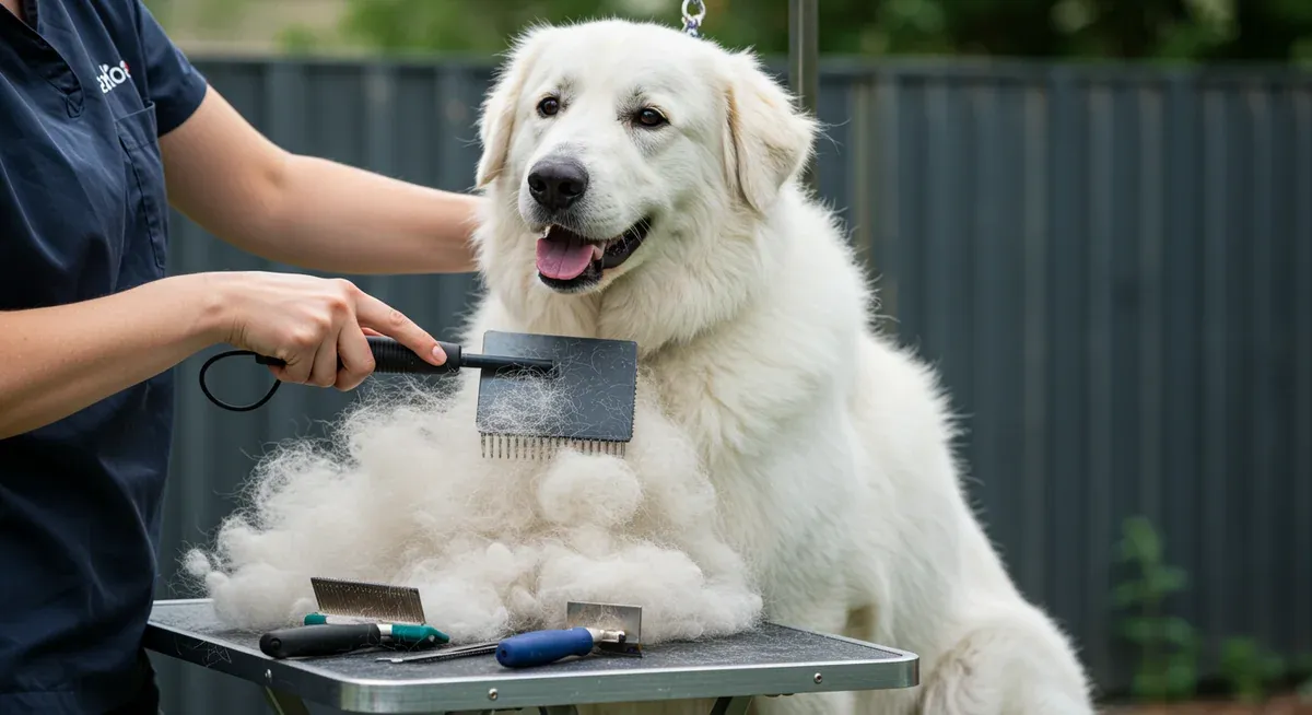 A Maremma Sheepdog being groomed with specialized tools, demonstrating proper brushing techniques to manage heavy shedding with visible loose fur being removed