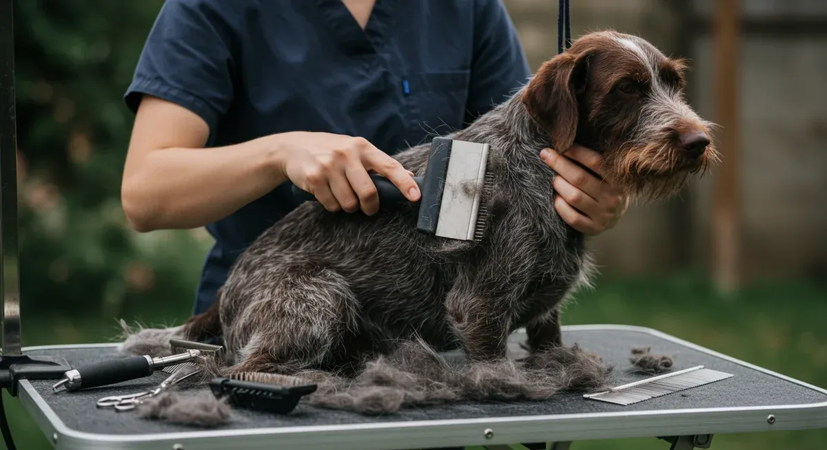 Professional grooming session showing proper brushing technique for a Wirehaired Pointing Griffon with grooming tools and loose undercoat hair being removed to manage shedding