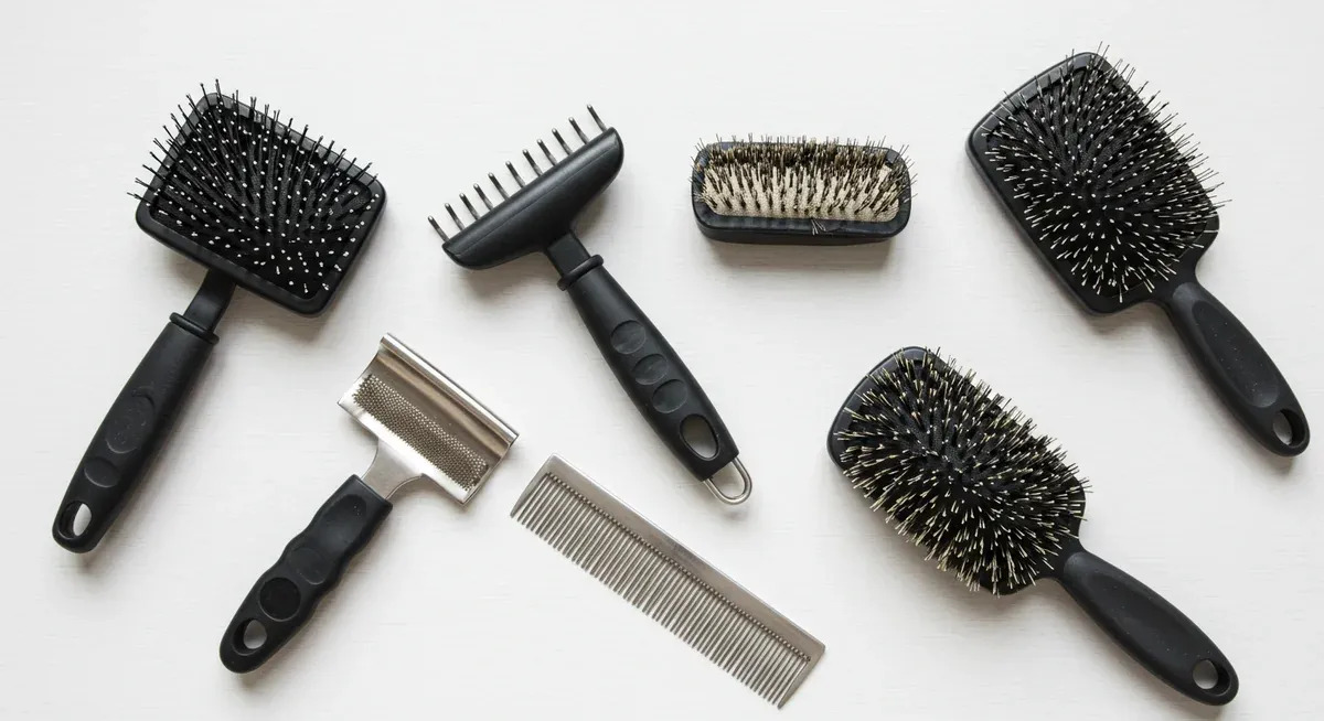 Professional grooming tools for Shiba Inus including undercoat rake, slicker brush, metal comb, and rubber shedding brush arranged on white background