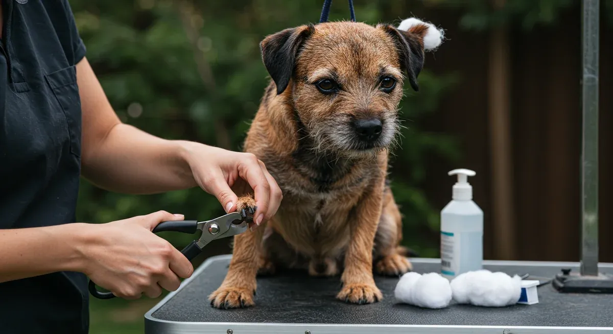Border Terrier receiving essential grooming maintenance with nail trimming and ear cleaning supplies visible, demonstrating proper nail and ear care techniques