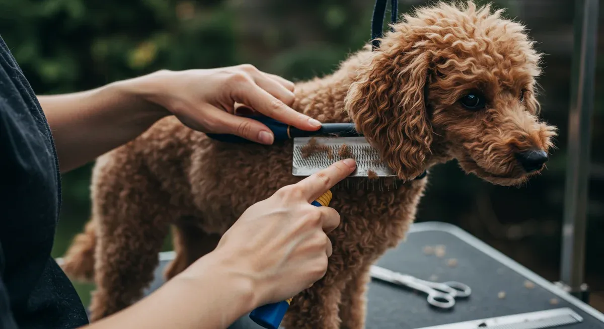 Professional groomer demonstrating proper daily brushing technique on a Poodle's coat, focusing on high-risk matting areas like ears and legs