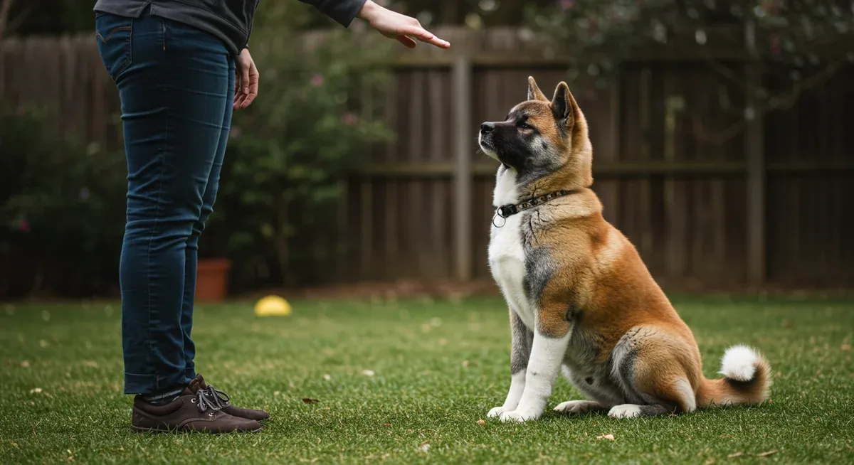 Akita puppy demonstrating the 'sit' command during obedience training, showing proper response to basic commands