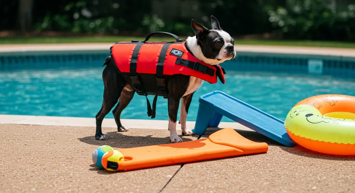 Boston Terrier wearing a life jacket with swimming safety equipment including ramp and toys displayed nearby