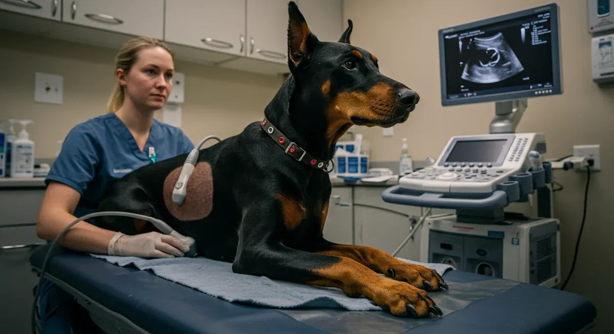 Doberman undergoing an echocardiogram cardiac screening test, showing the diagnostic equipment and procedure used to detect dilated cardiomyopathy before symptoms appear
