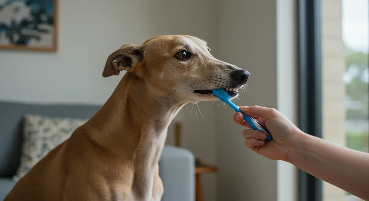 Owner gently brushing a calm Greyhound's teeth with a small soft toothbrush, demonstrating proper technique for daily dental care routine