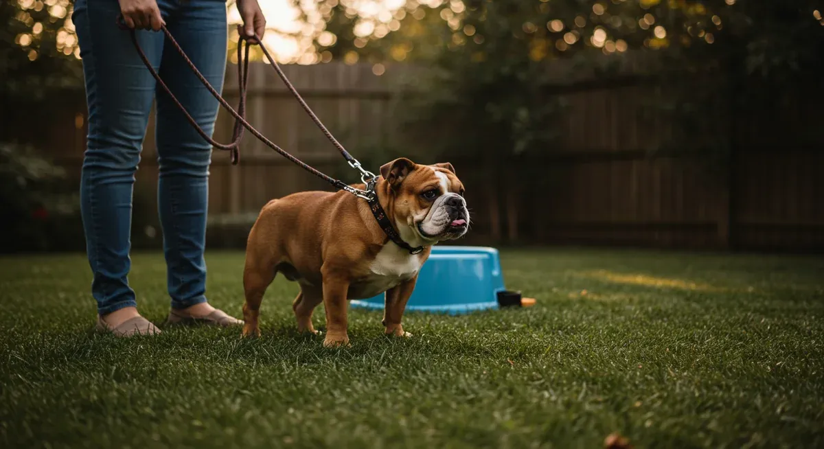 English Bulldog on leash being directed to designated outdoor elimination area during routine potty break, showing consistent training approach