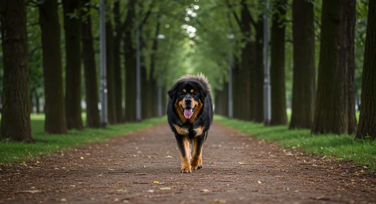 Tibetan Mastiff enjoying a moderate-paced walk in a park, showing the appropriate level of exercise needed for optimal joint health and longevity