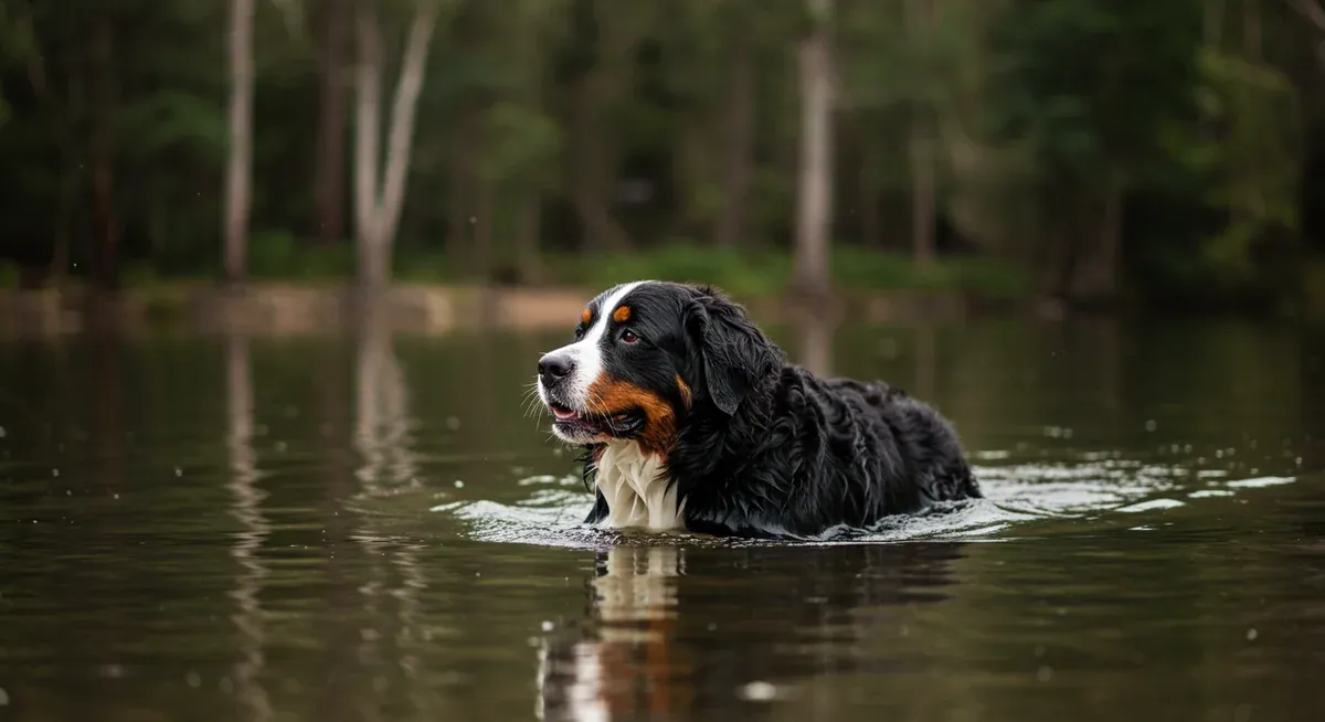 A Bernese Mountain Dog swimming in calm water, illustrating the benefits of low-impact exercise that helps maintain joint health and mobility in this large breed