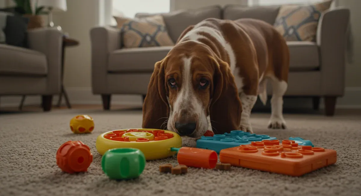 Basset Hound playing with puzzle toys and interactive feeders, demonstrating mental stimulation activities important for the breed's wellbeing