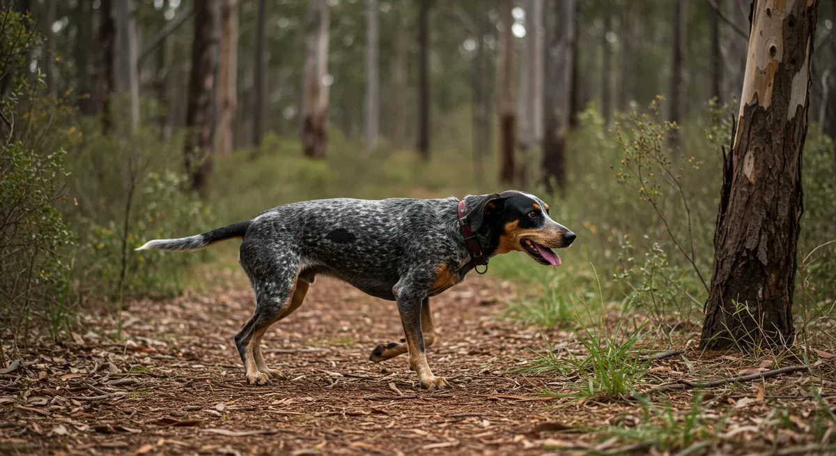 Bluetick Coonhound exercising on an Australian trail, demonstrating the breed's high energy needs and natural hunting instincts for optimal health