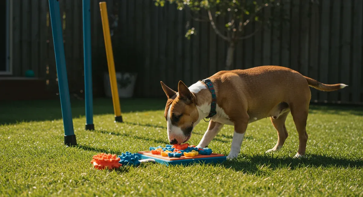 A Bull Terrier working with puzzle toys and exercise equipment, demonstrating the 60-90 minutes of daily physical and mental stimulation these dogs require to prevent destructive behavior