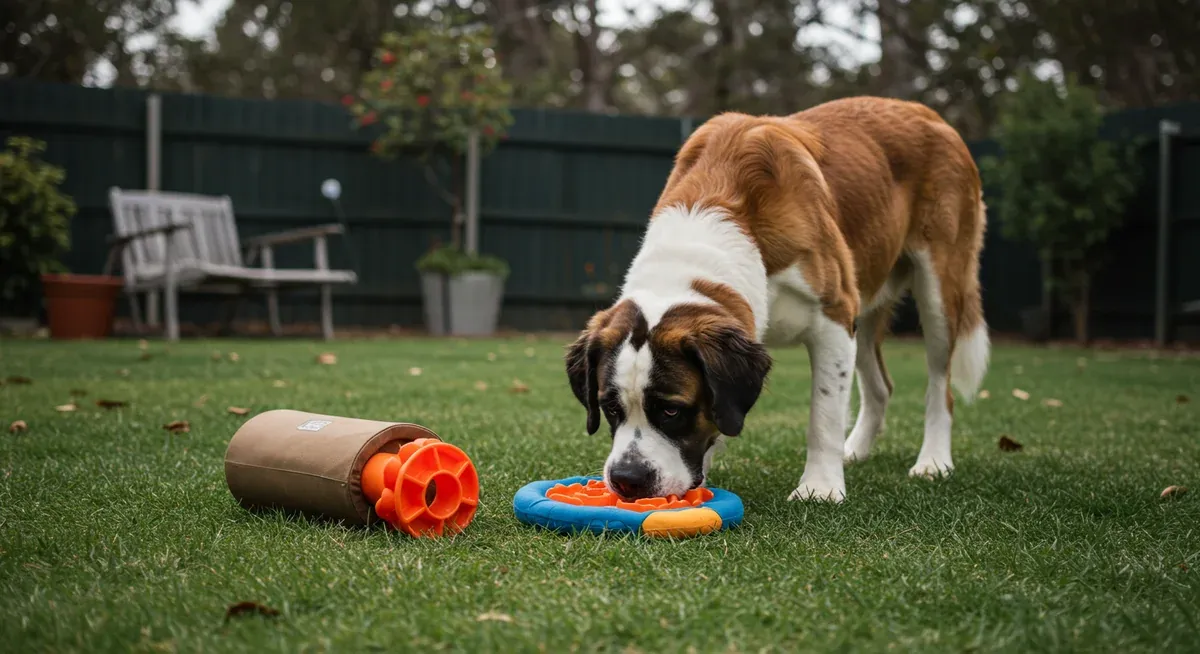 A Saint Bernard dog using puzzle feeding toys and mental stimulation activities in a backyard setting, illustrating proper enrichment strategies that help manage behavioral issues through appropriate mental exercise.