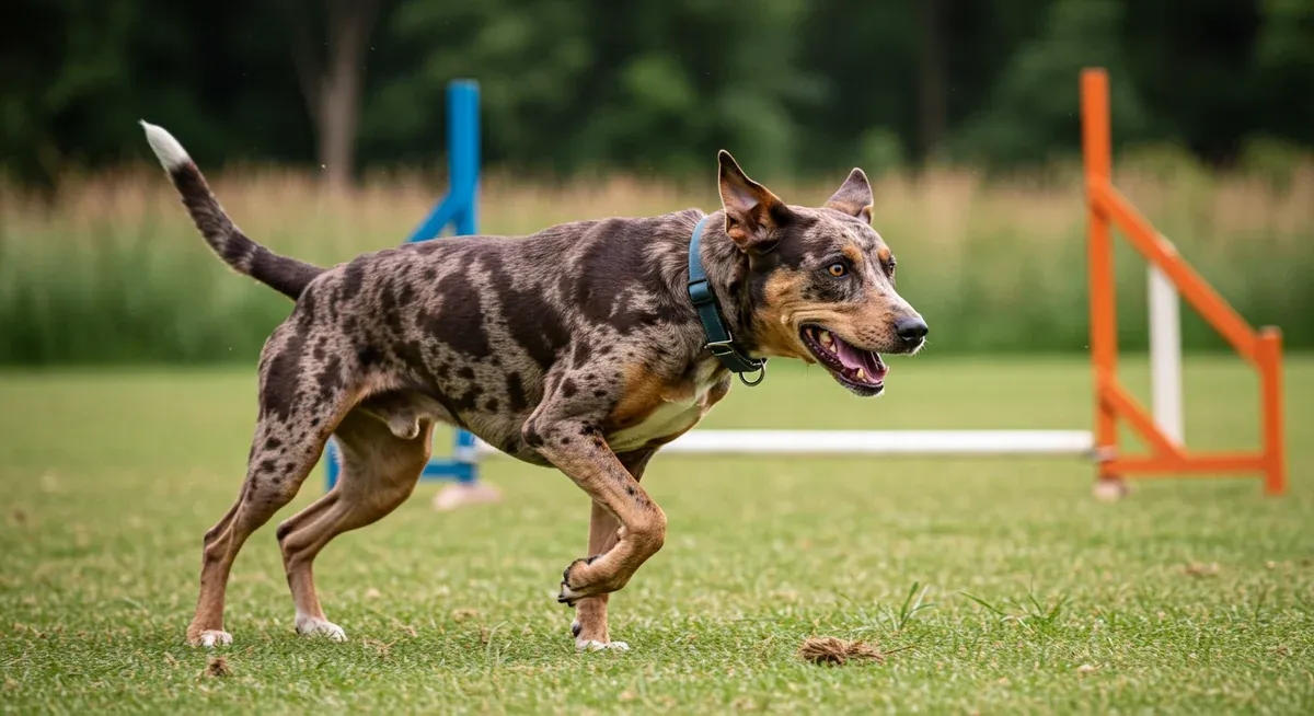 Active Catahoula dog running through an exercise course, illustrating the breed's high exercise requirements for managing behavioral issues