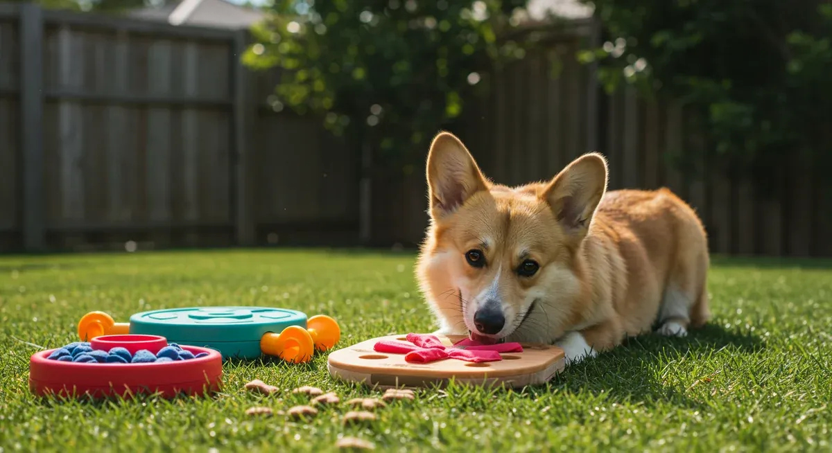 A Pembroke Welsh Corgi playing with puzzle toys and interactive feeders in a garden, showing mental stimulation activities that help manage barking behavior