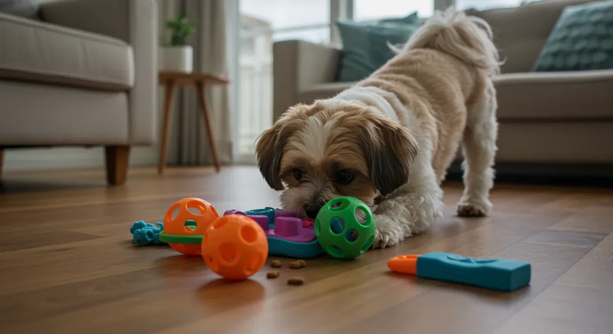A Shih Tzu playing with puzzle toys and interactive feeders, demonstrating mental stimulation activities that help reduce attention-seeking barking