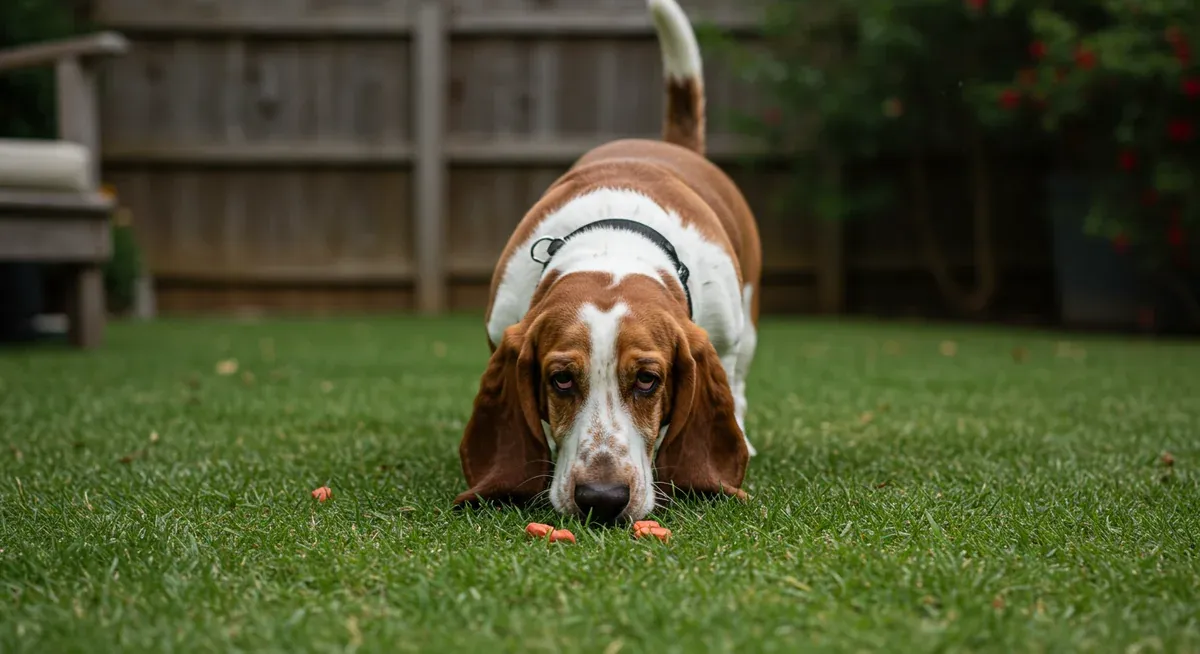 A Basset Hound using their natural scenting abilities during a mental stimulation exercise, searching for hidden treats in a garden to provide healthy outlets for their energy