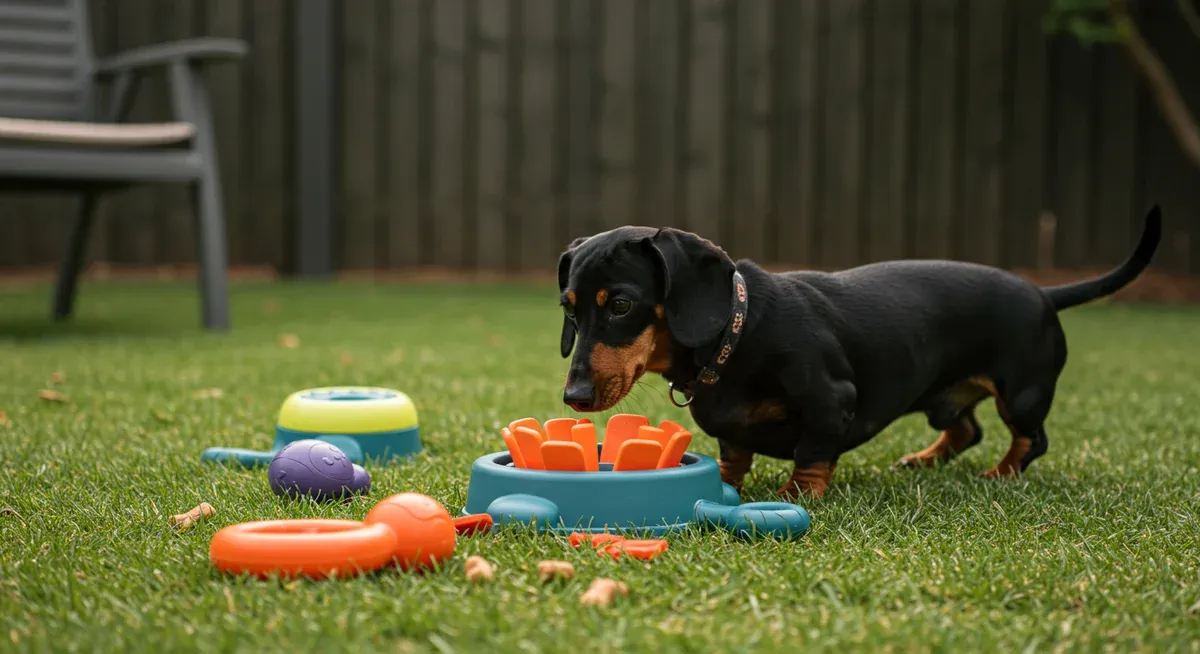 A Dachshund actively engaged with puzzle toys and mental stimulation activities in a backyard, demonstrating effective strategies for tiring dogs before alone time