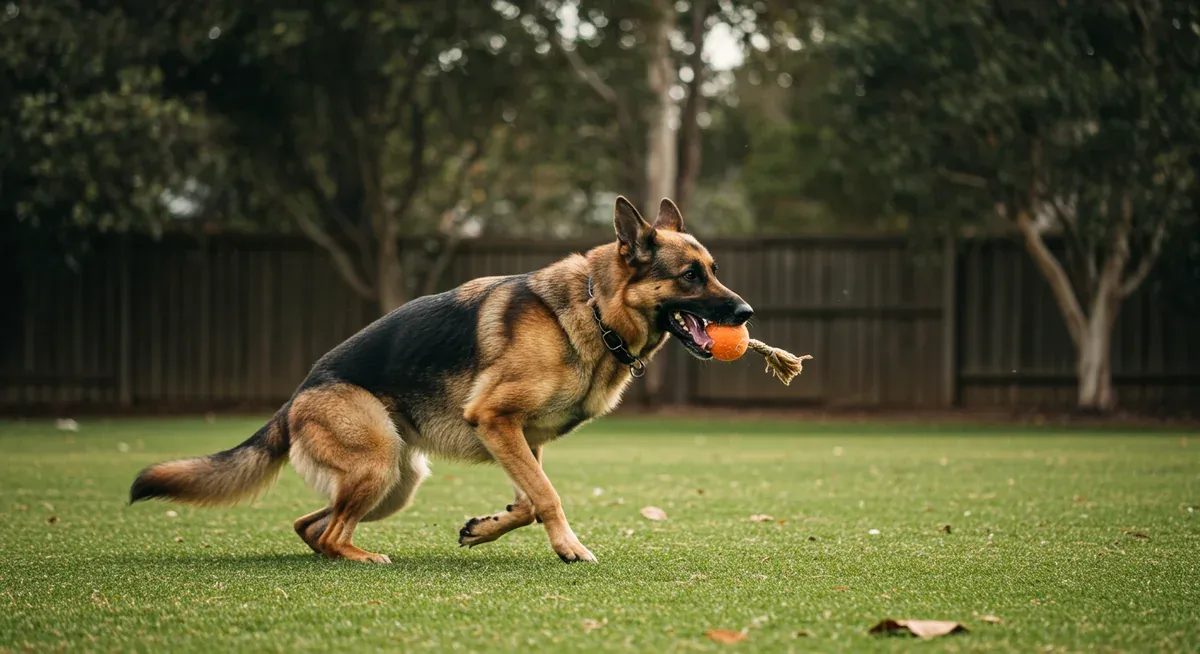 German Shepherd actively exercising outdoors, illustrating the high physical activity requirements needed to manage anxiety in this breed