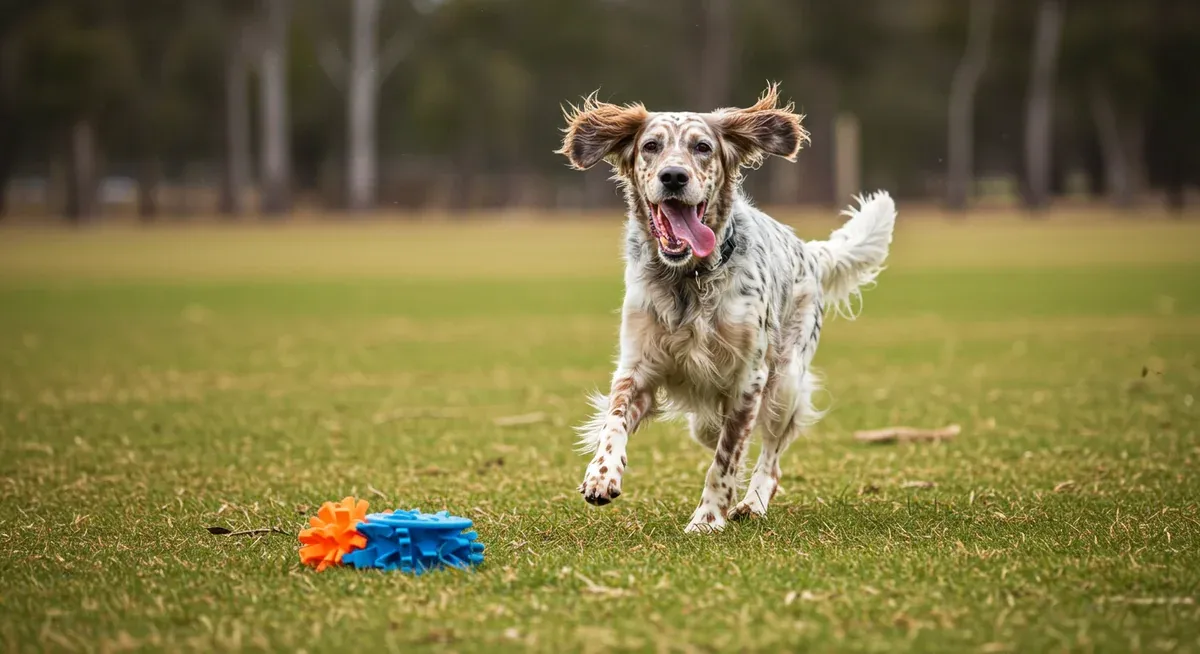 English Setter running energetically in open field with puzzle toy nearby, demonstrating the breed's high exercise and mental stimulation requirements