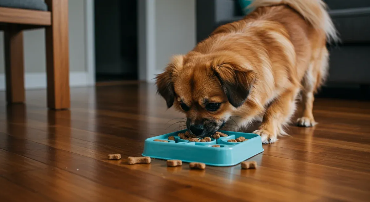 Tibetan Spaniel working on puzzle toys and mental stimulation activities, demonstrating their intelligence and need for cognitive engagement